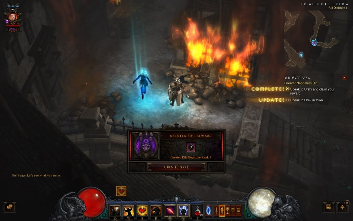 Diablo III Greater Rift completion screen offering a higher-ranked Rift Keystone