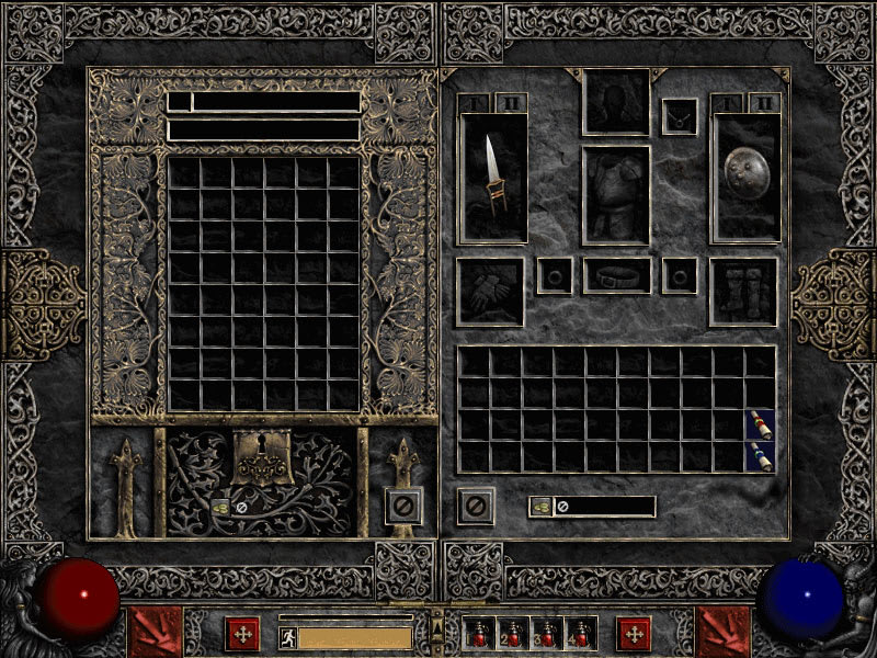 Classic Diablo II stash and inventory interface with the character equipment panel