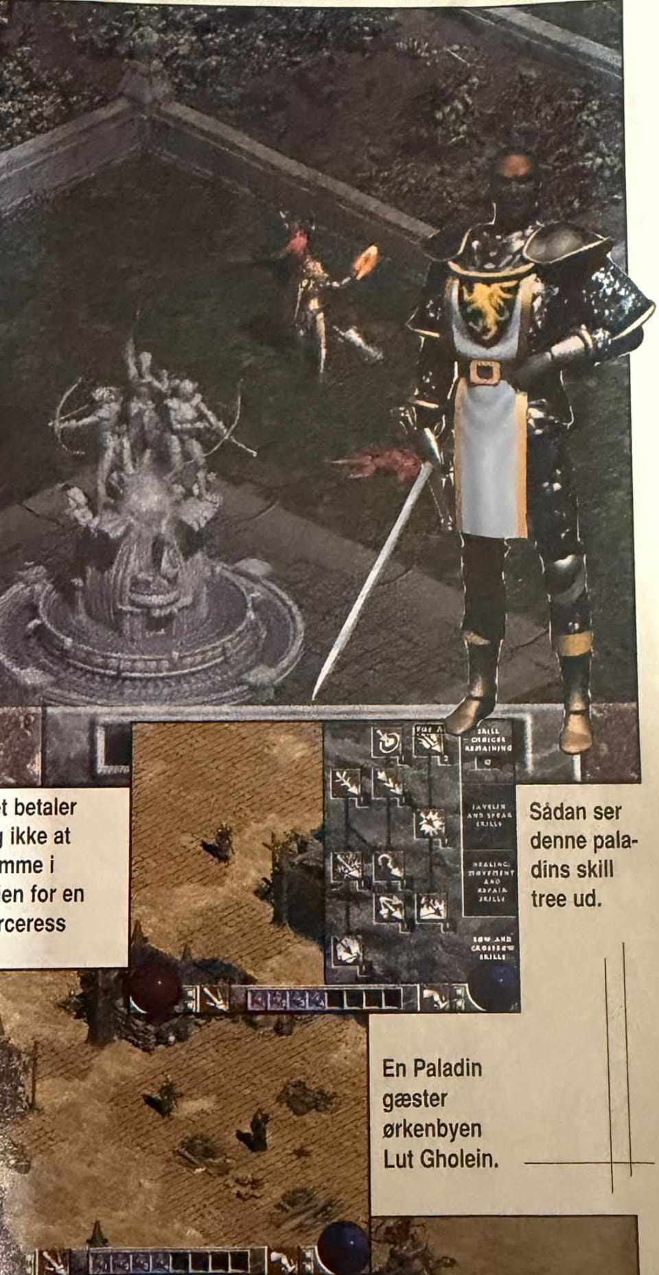Original magazine photograph of Paladin artwork and an early Diablo II skill-tree screenshot
