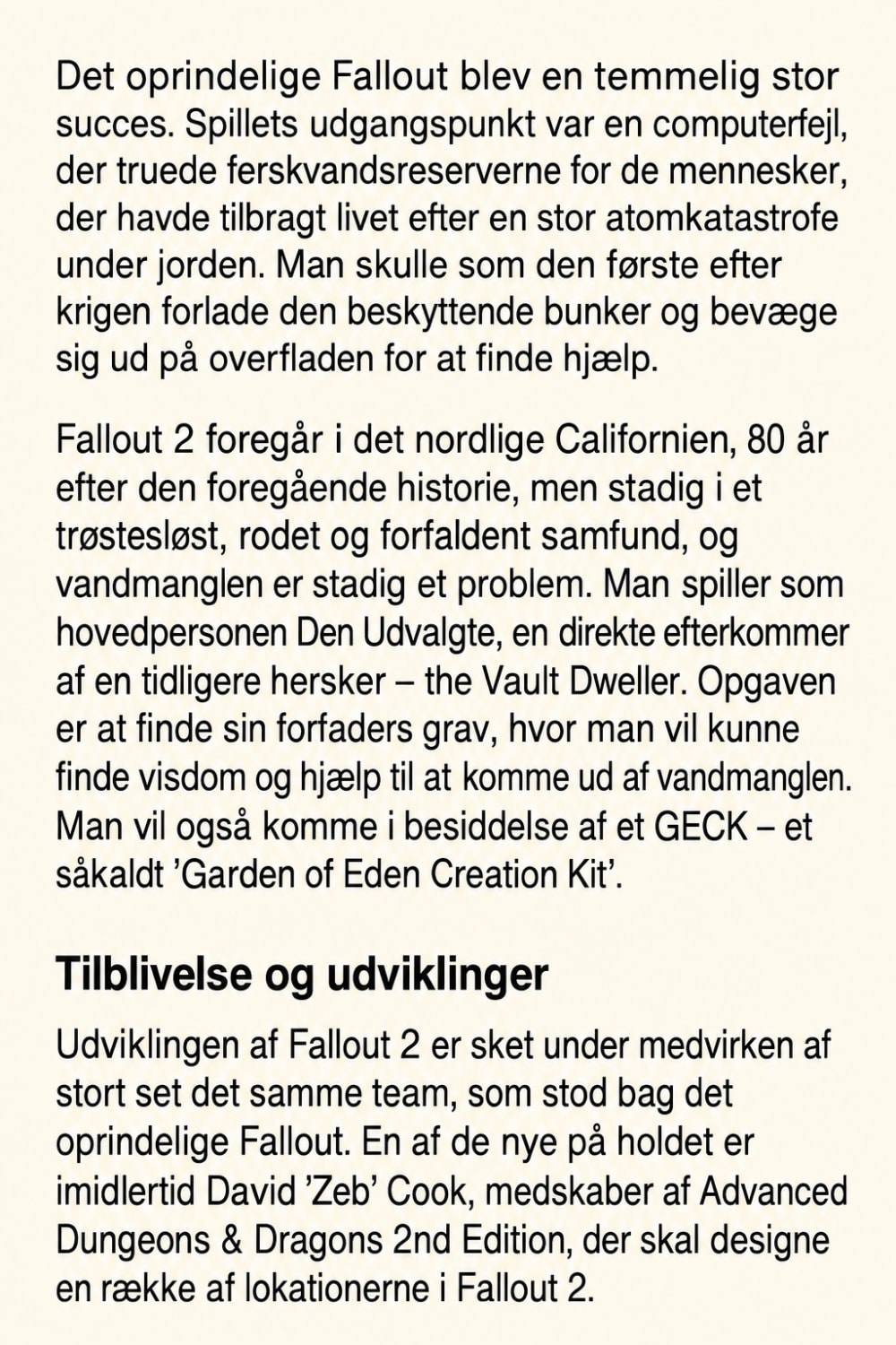 Recreated Danish preview text introducing Fallout 2, its setting and development.