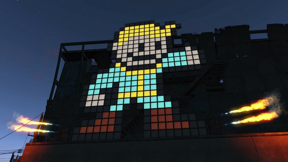 A large illuminated Vault Boy design constructed from panels in Fallout 4.
