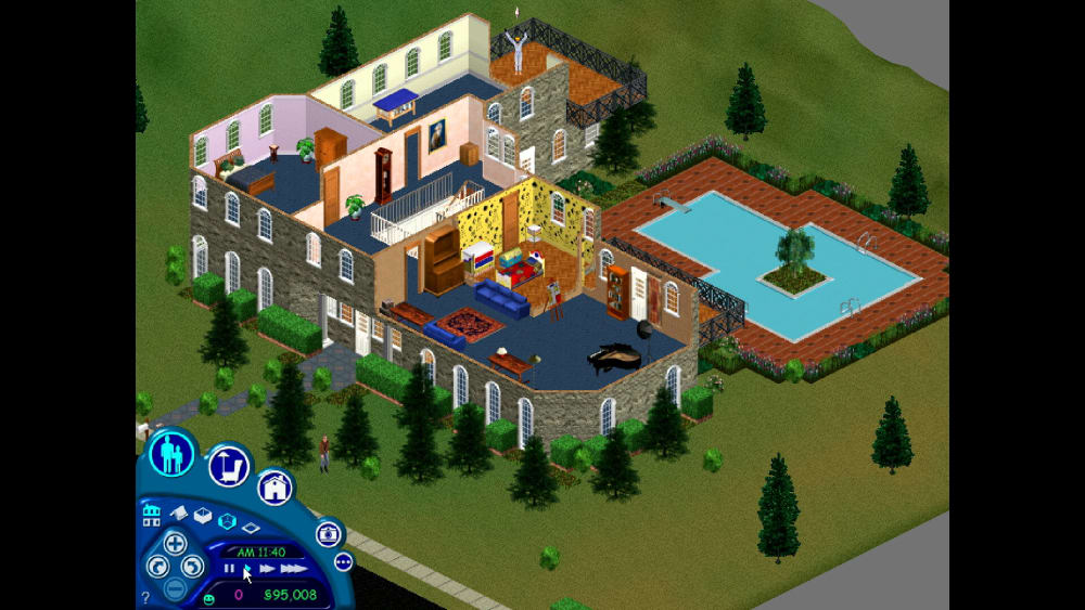 The Sims house shown in cutaway, with two storeys, furnishings, stairs and an outdoor pool.