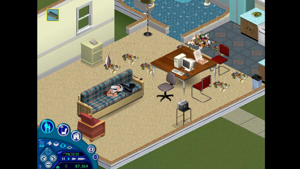 A Sim napping on a sofa in a room littered with rubbish and dirty dishes.