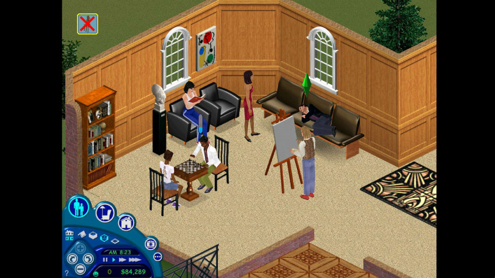 Sims playing chess, painting, reading and resting in one furnished room.