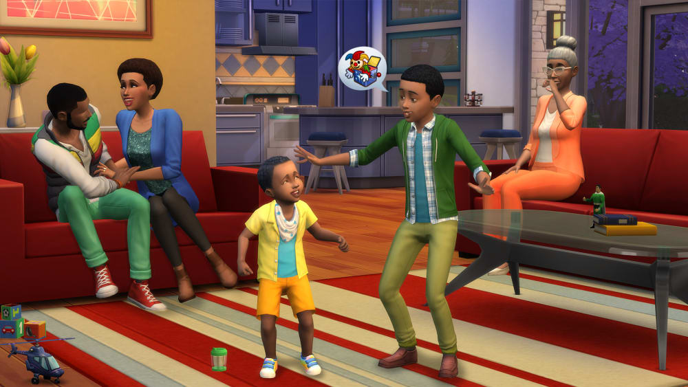 The Sims 4 publisher screenshot showing a family talking in a living room.