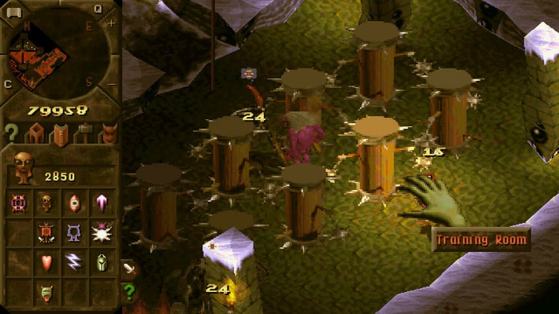 Dungeon Keeper Gold gameplay showing creatures among training posts, with the room and spell interface visible.