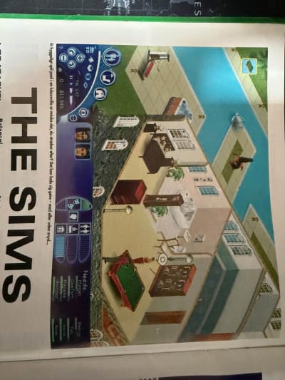 Original magazine photograph of a Sims house, pool and needs interface above The Sims heading.