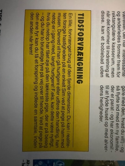 Original yellow Tidsforvrængning tip box from the Sims magazine guide.