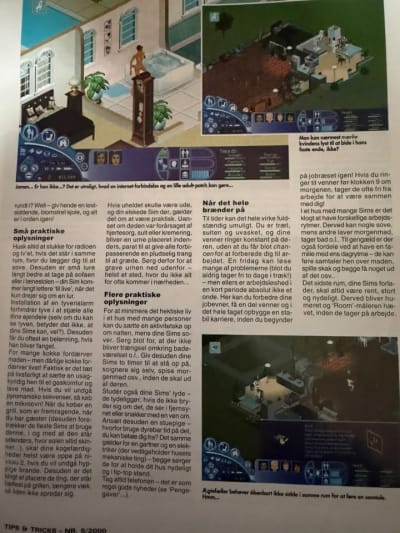 Original final page of The Sims guide, with household tips and three printed gameplay screenshots.