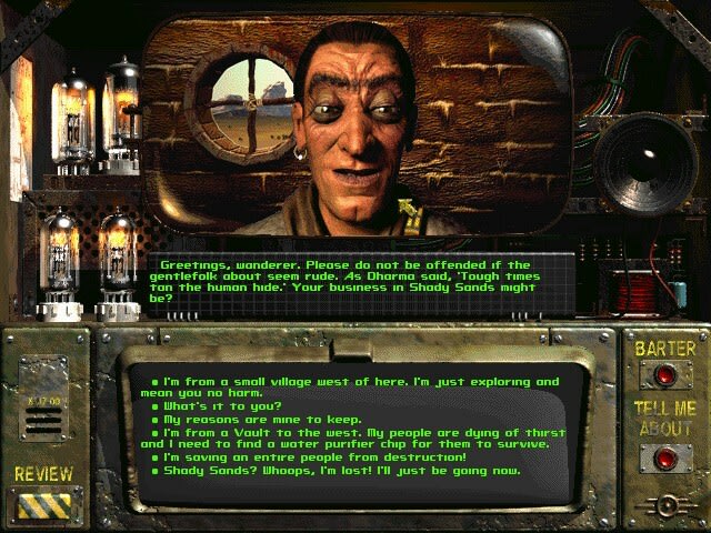 Aradesh conversation in the original Fallout, showing several written response options.