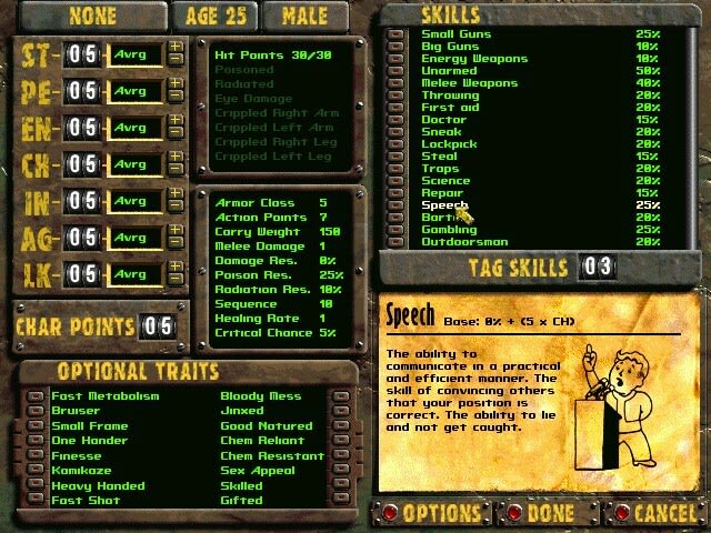Fallout 2 character creation showing SPECIAL attributes, skills and optional traits.