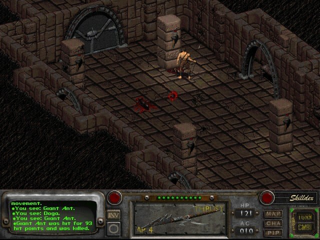 Fallout 2 combat screen with action points and separate End Turn and End Combat buttons.