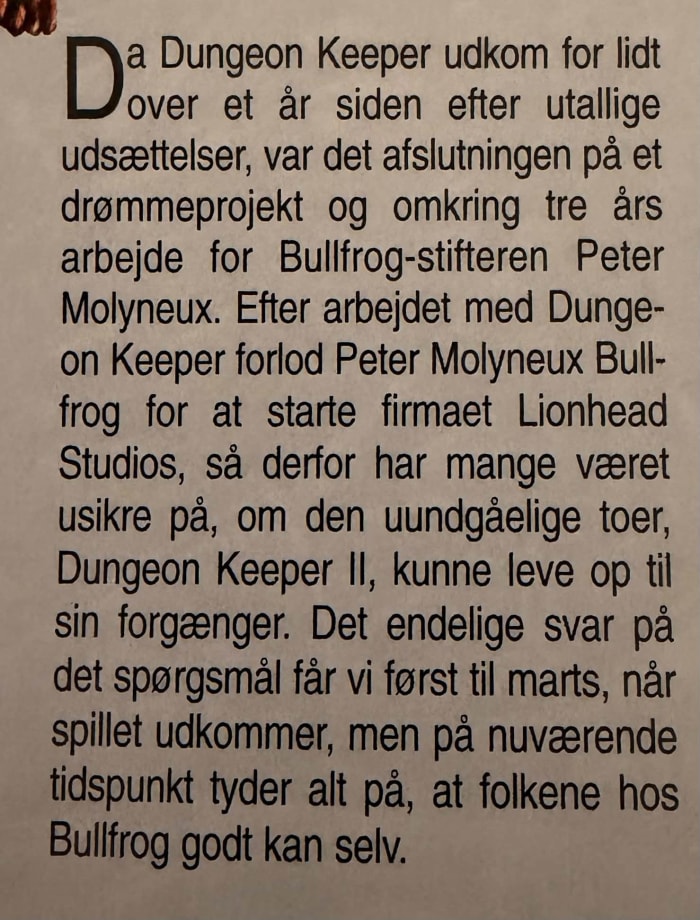 Original photograph of the opening Dungeon Keeper II preview paragraph.