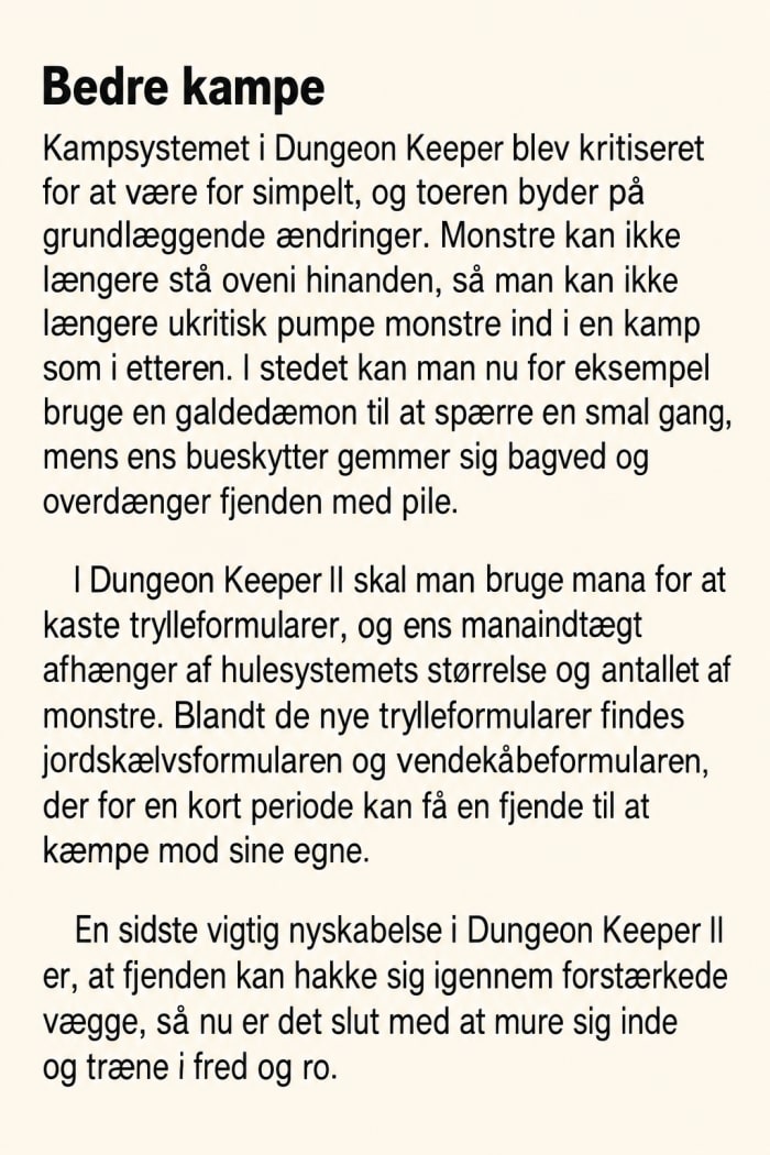 Recreated Bedre kampe magazine section about creature positioning, mana, spells and reinforced walls.