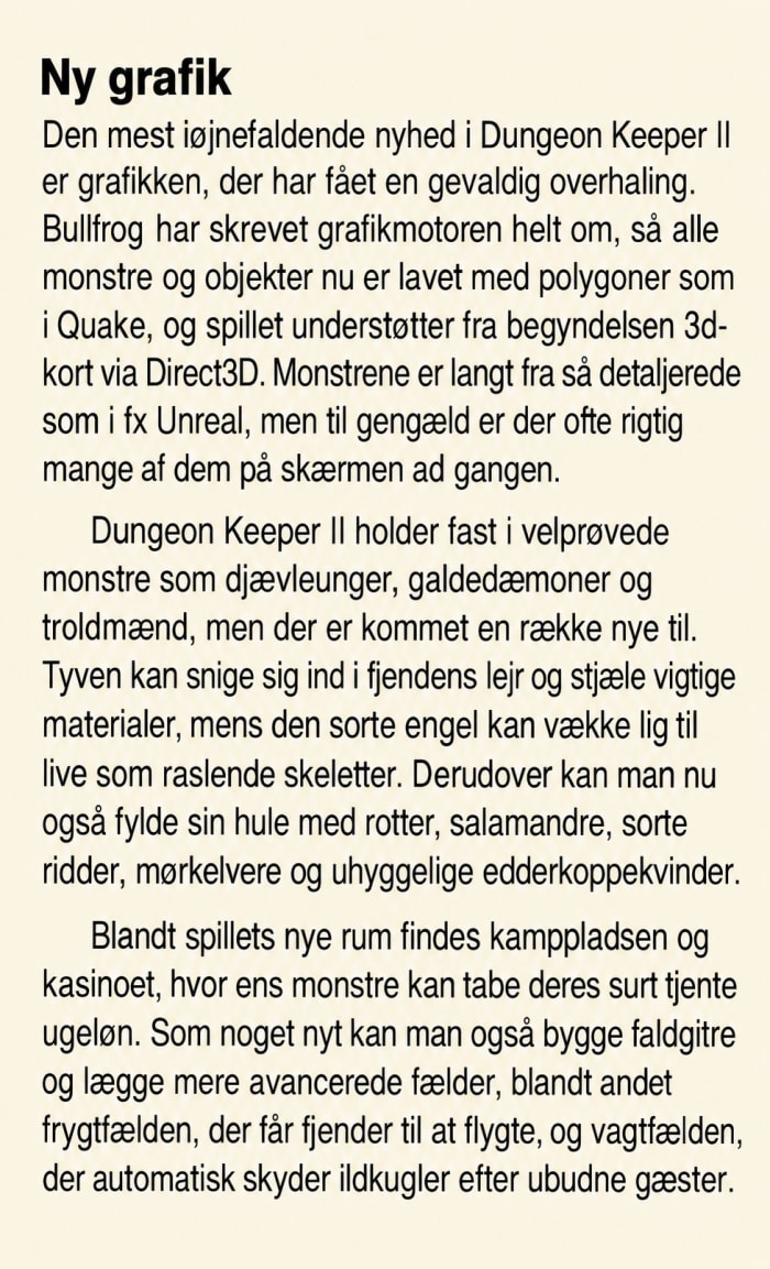 Recreated Ny grafik excerpt discussing Dungeon Keeper II’s graphics, creatures, rooms and traps.