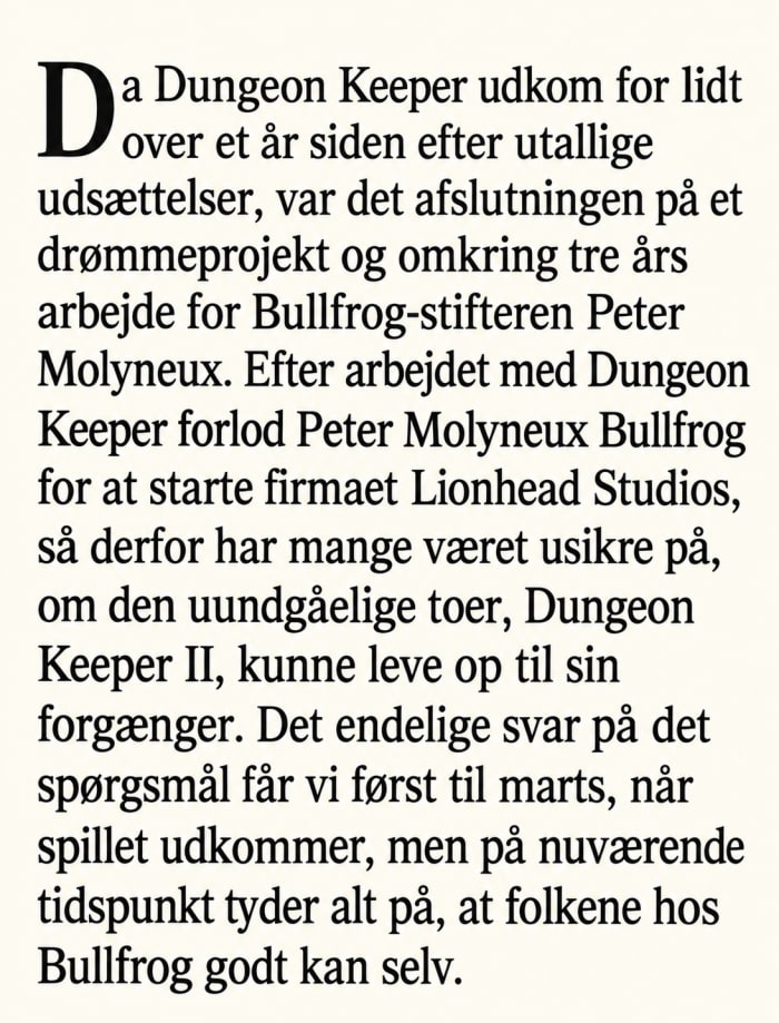 Recreated Danish opening paragraph of CD-ROM Spil’s 1998 Dungeon Keeper II preview.