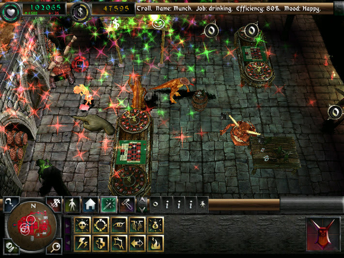 Dungeon Keeper II creatures gathered around casino tables beneath coloured celebration effects.