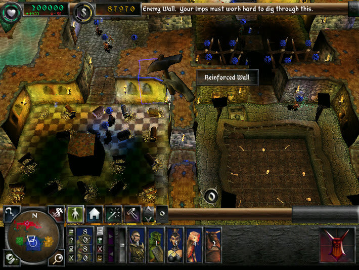 Dungeon Keeper II cursor highlighting an enemy reinforced wall, with a message explaining that Imps can dig through it.