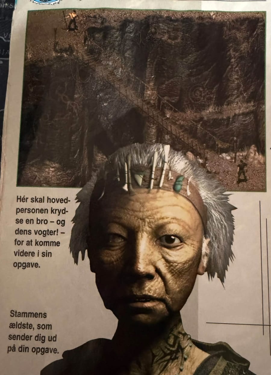 Magazine screenshots of a guarded bridge and Fallout 2’s village Elder.