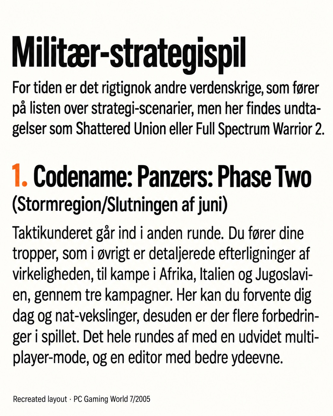 The military-strategy heading and first-place Codename: Panzers – Phase Two entry in PC Gaming World issue 7/2005.