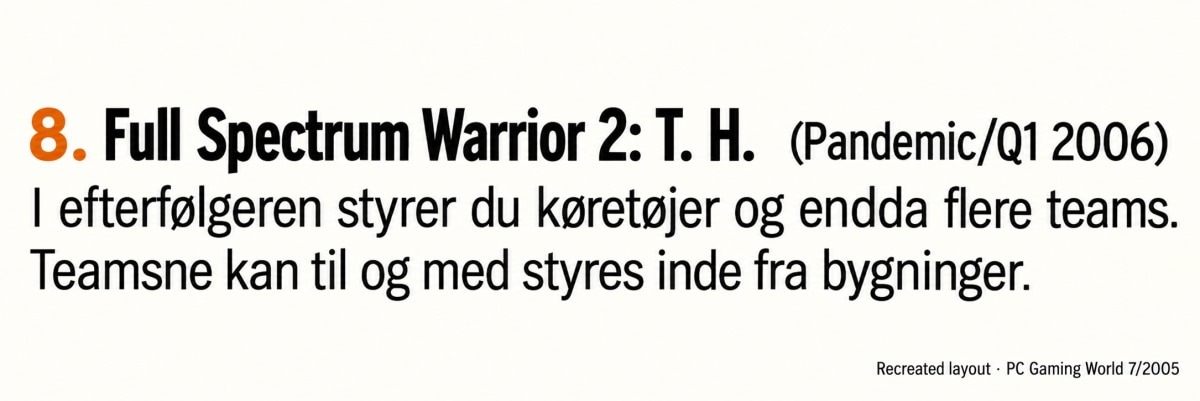 Full Spectrum Warrior 2: Ten Hammers in eighth place, credited to Pandemic.
