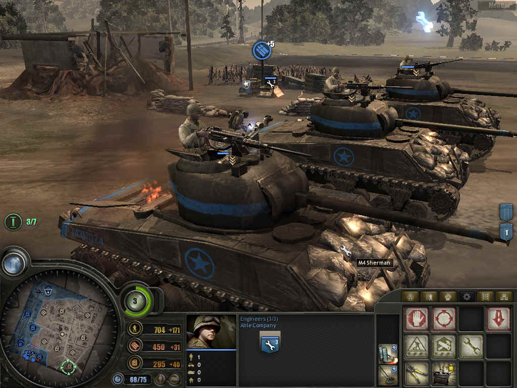 Company of Heroes Sherman tanks near a resource point, with resource income, minimap and engineer commands visible.