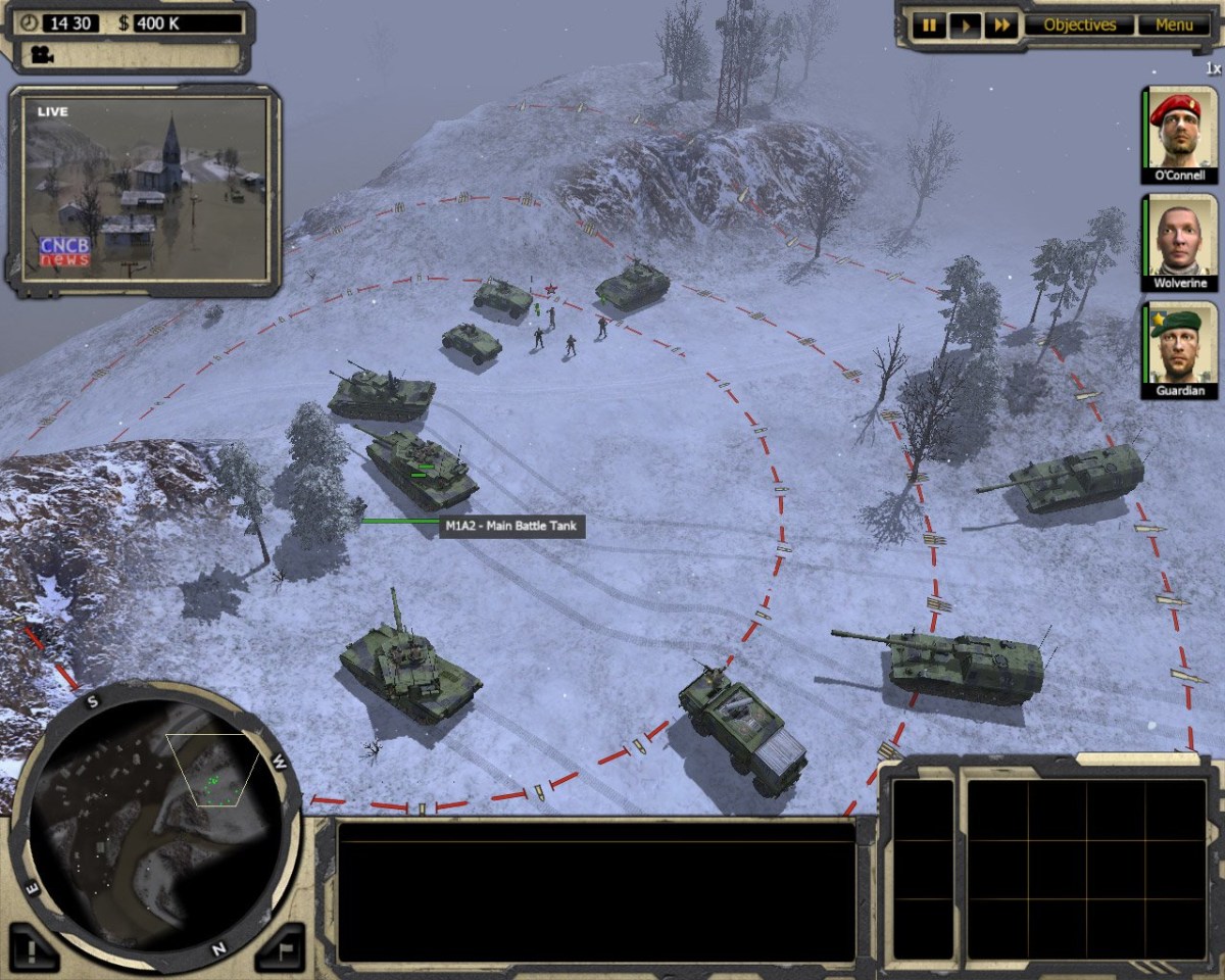 Joint Task Force tanks, support vehicles and infantry on a snowy battlefield, with unit portraits and a television-news panel visible.