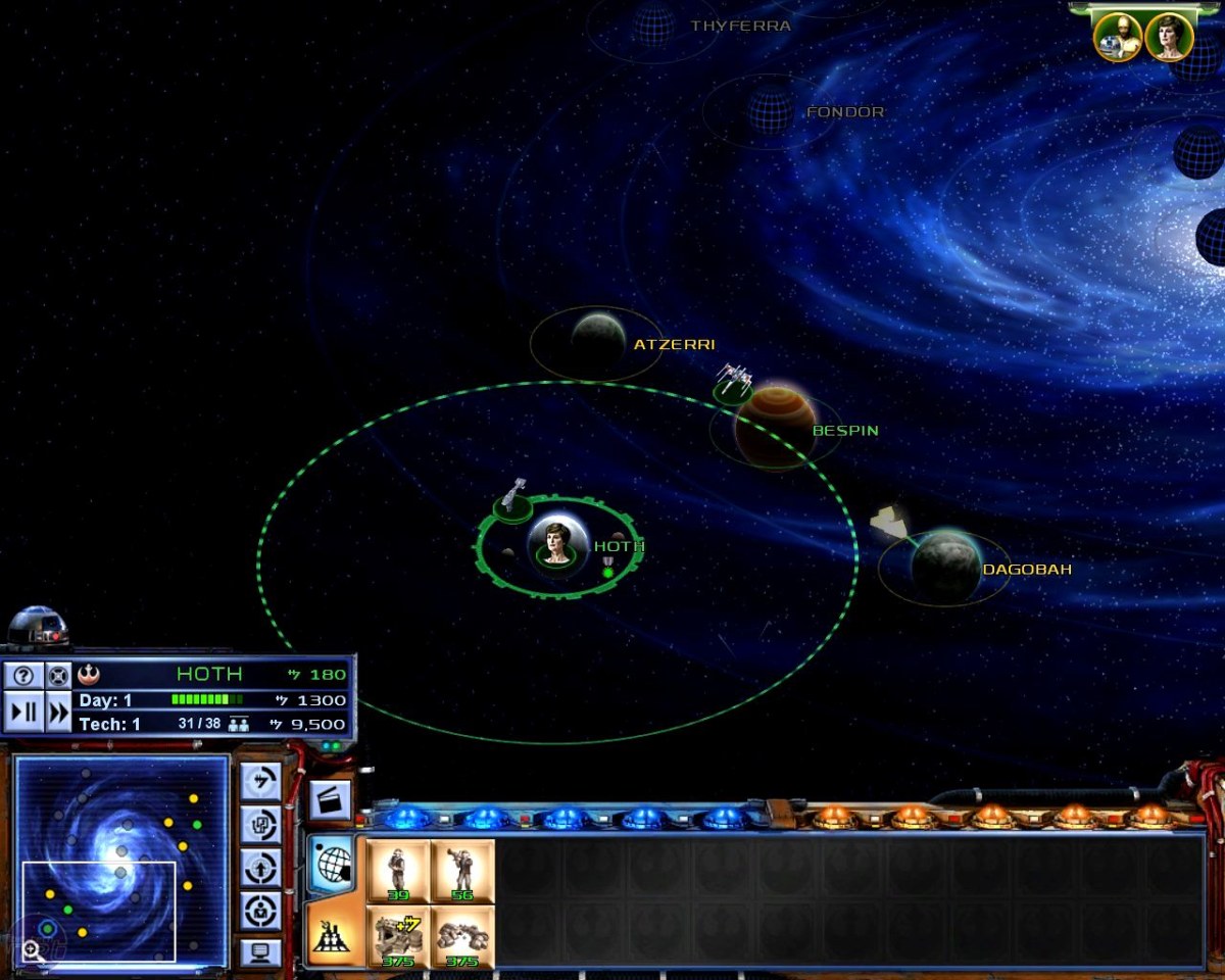 Star Wars Empire at War galactic map with Hoth selected, planets, resources and build options