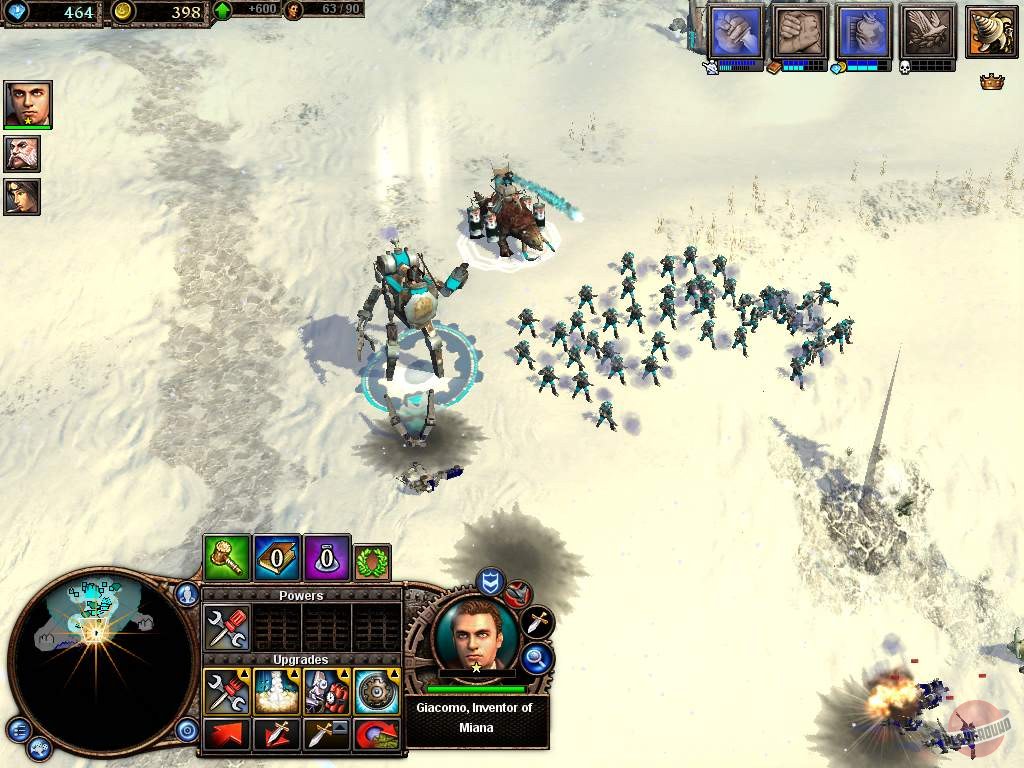 Rise of Legends Vinci force with a mechanical walker, infantry, hero portrait and upgrade controls