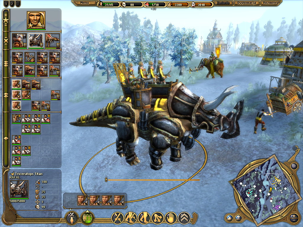 ParaWorld Triceratops Titan with the tiered Army Controller, unit portraits and resources visible