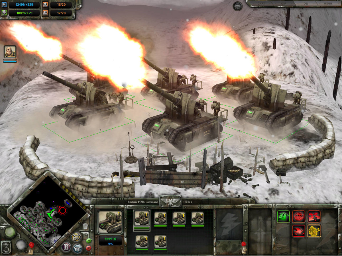 Winter Assault selected Imperial Guard Basilisk artillery firing with squad icons and minimap