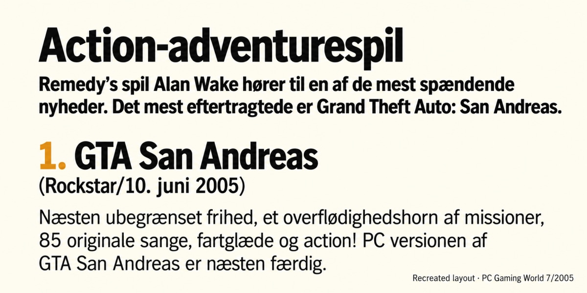 Recreated GTA San Andreas and Action-adventurespil heading entry from PC Gaming World issue 7/2005