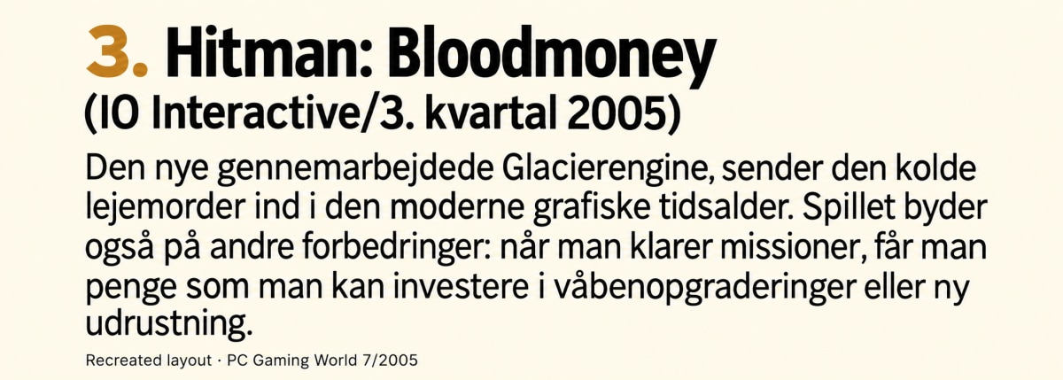 Recreated Hitman: Bloodmoney entry from PC Gaming World issue 7/2005