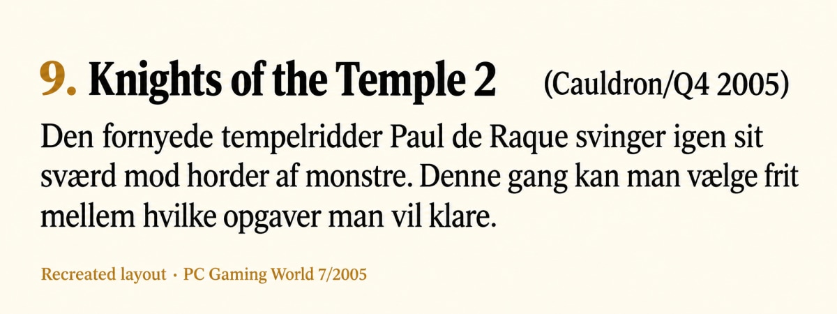 Recreated Knights of the Temple 2 entry from PC Gaming World issue 7/2005