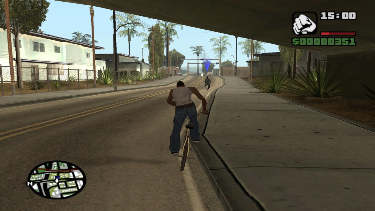 CJ riding a BMX in the original San Andreas with the minimap, health bar and another cyclist ahead