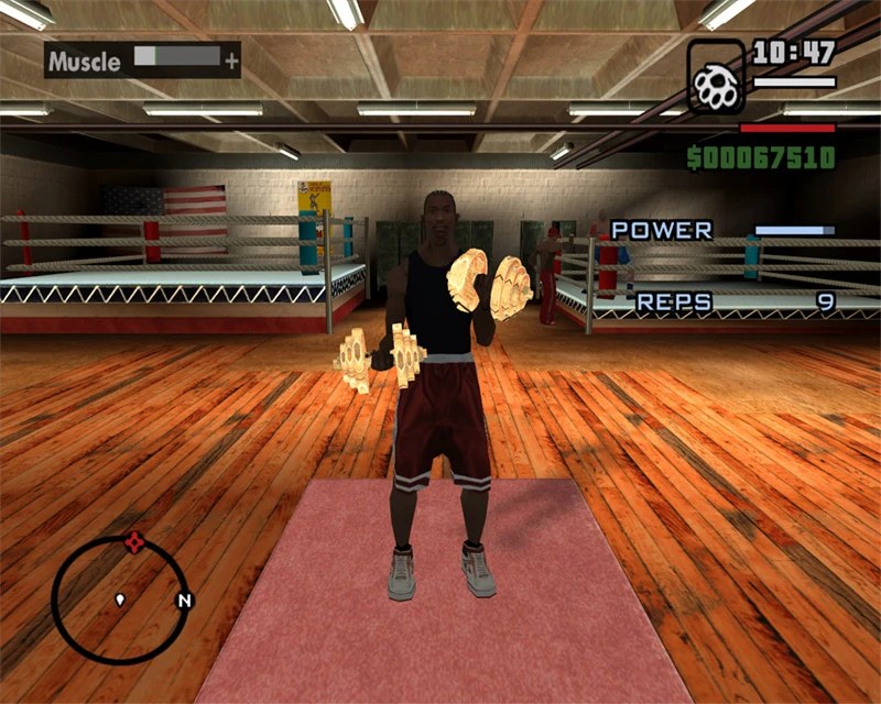 San Andreas weightlifting interface showing muscle, power and repetitions