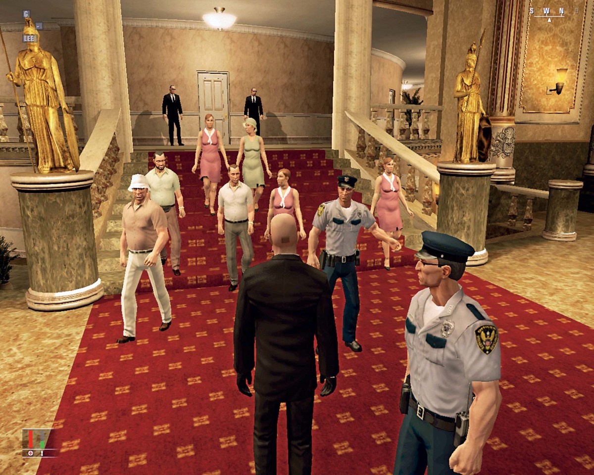 Agent 47 facing guards and a crowd in a Blood Money lobby with the suspicion indicator visible