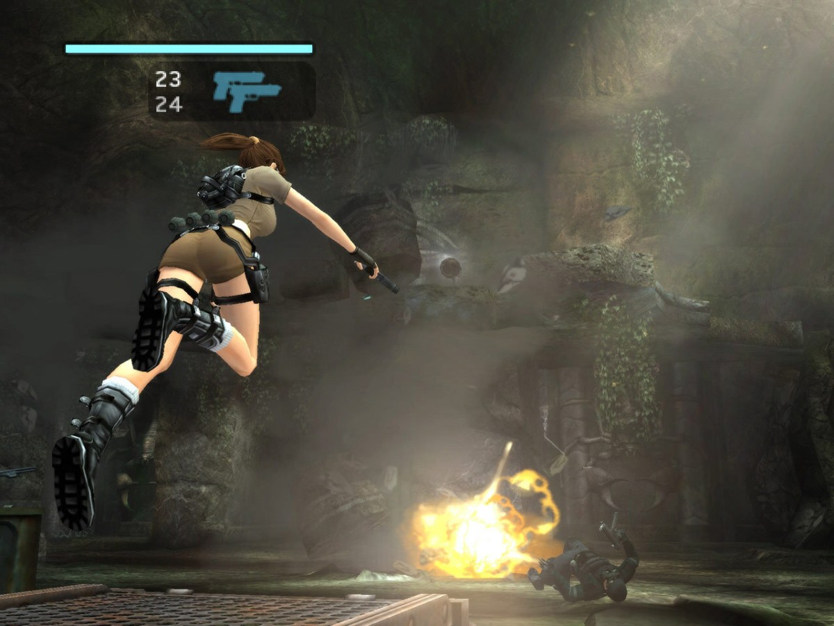 Lara leaping with her pistols in Tomb Raider Legend, with health and ammunition displayed
