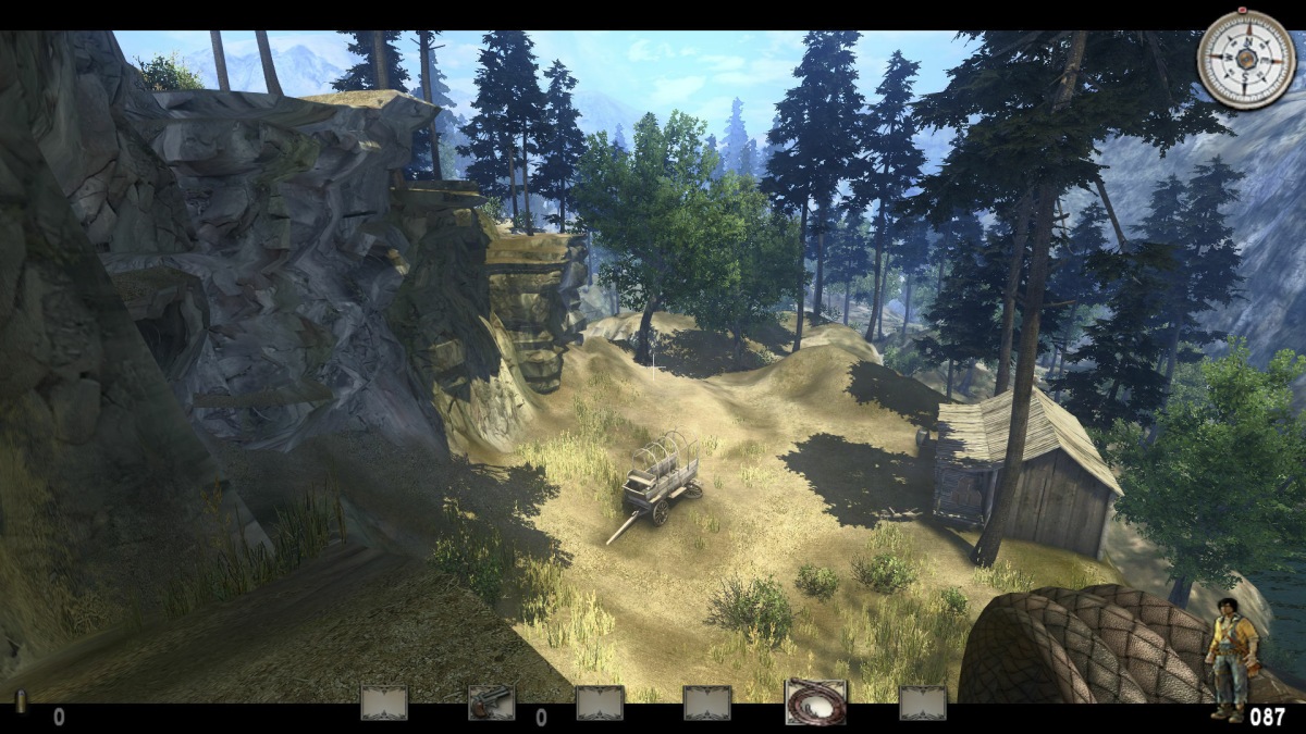 Call of Juarez first-person view with Billy’s whip selected, inventory slots and compass