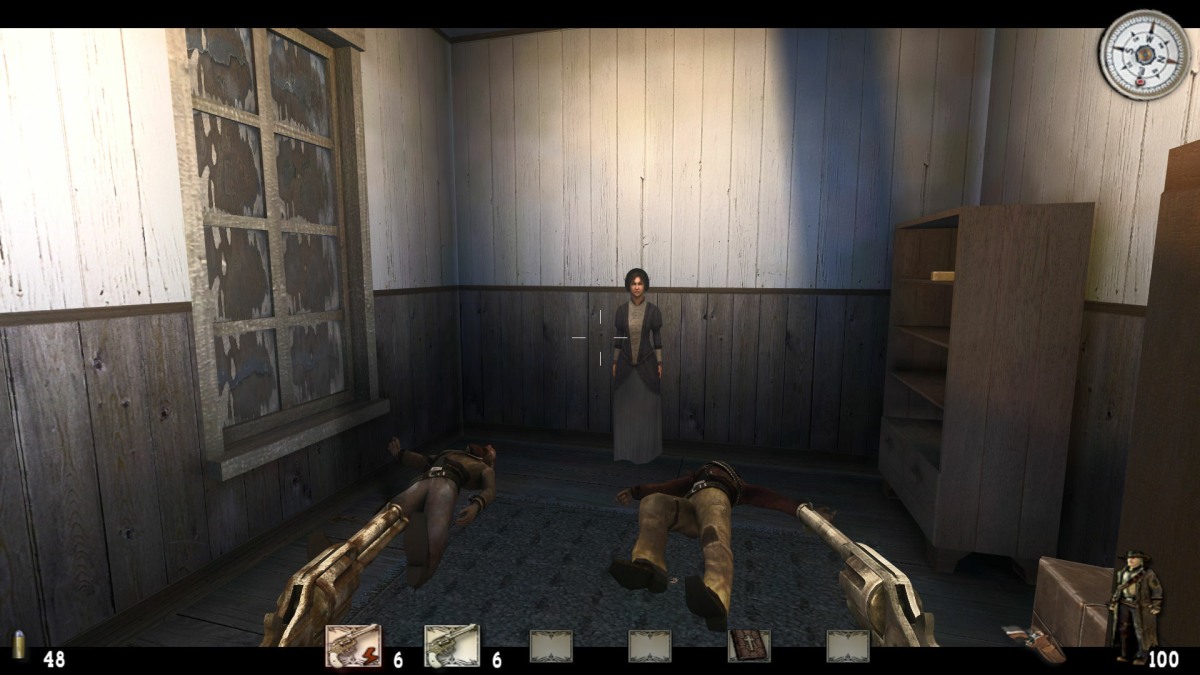 Reverend Ray’s dual revolvers in Call of Juarez with ammunition counters and inventory visible