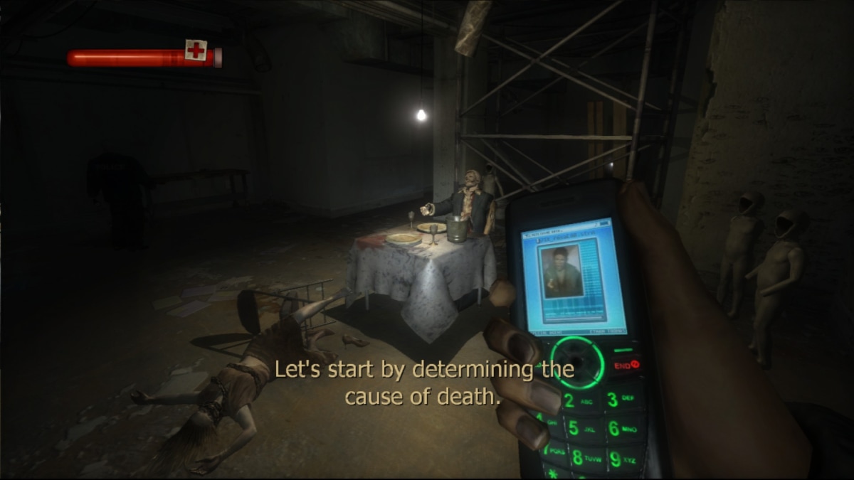Condemned crime-scene investigation with Ethan’s forensic device, health bar and a cause-of-death prompt