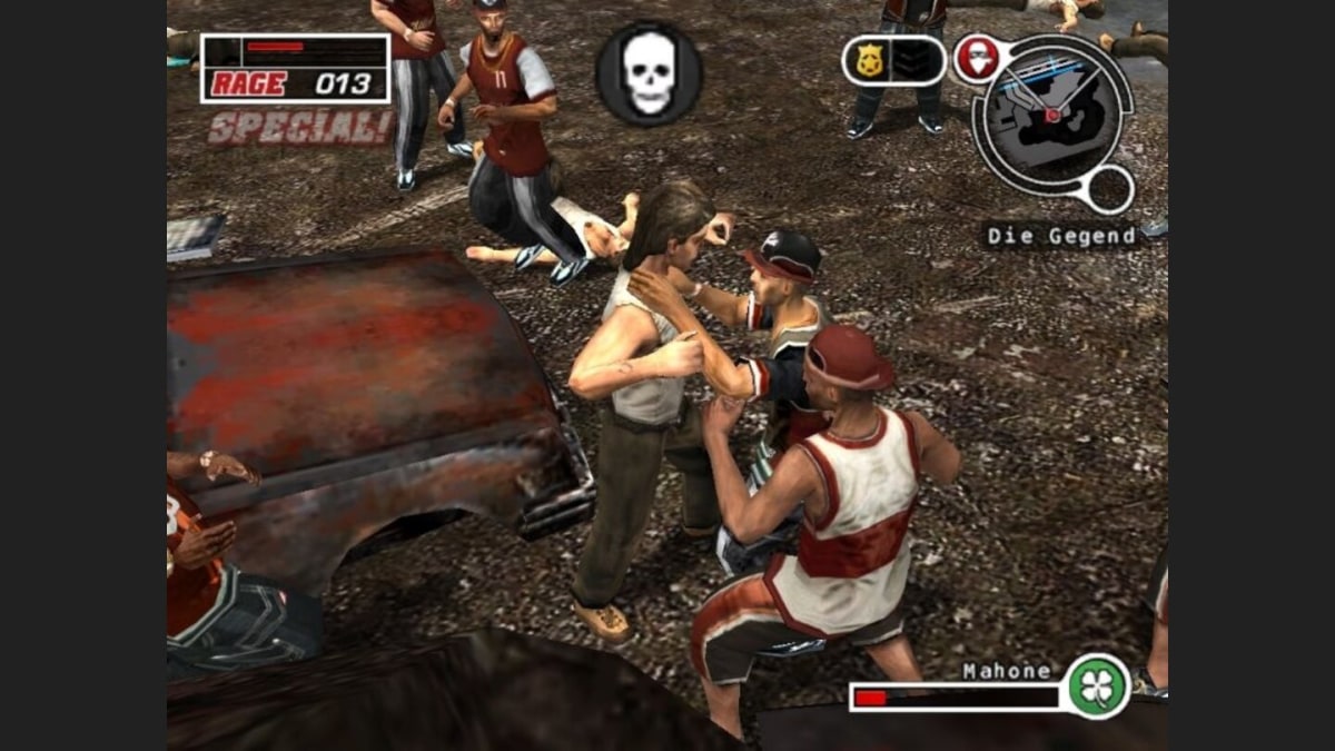 Crime Life street brawl with the Rage meter, minimap and an opponent’s health bar