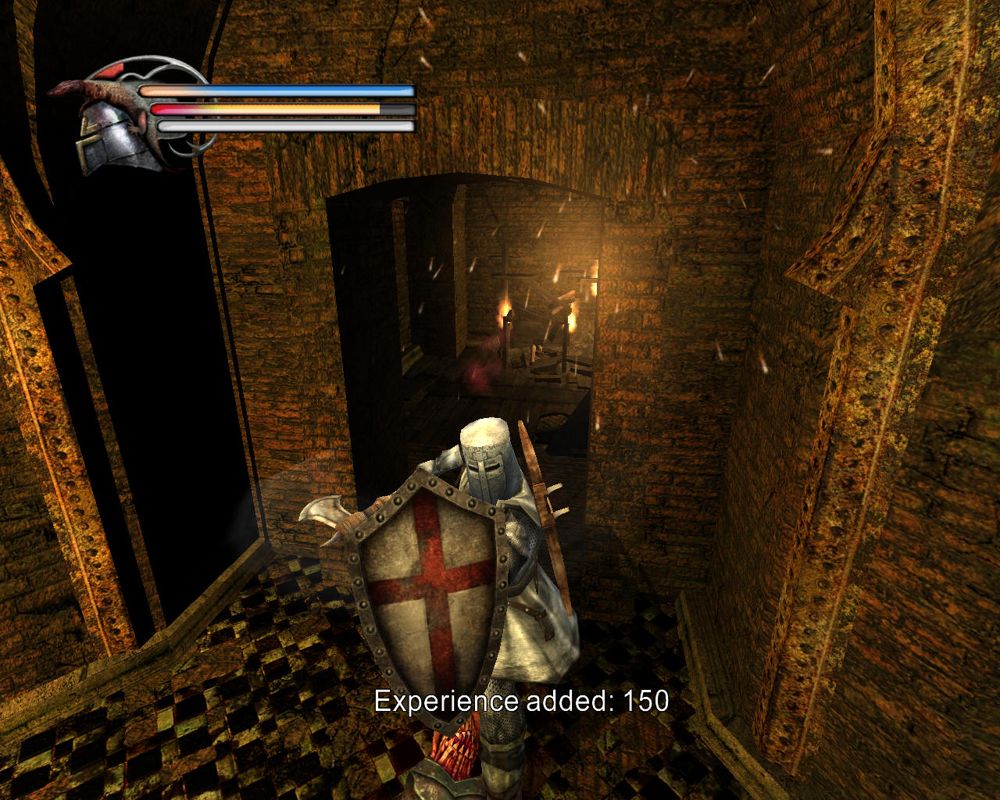 Knights of the Temple II character in a stone corridor with status bars and an experience reward