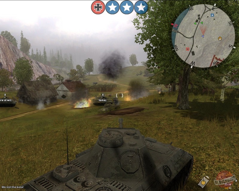 Panzer Elite Action tank battle with player labels, control-point icons, ammunition and a circular minimap