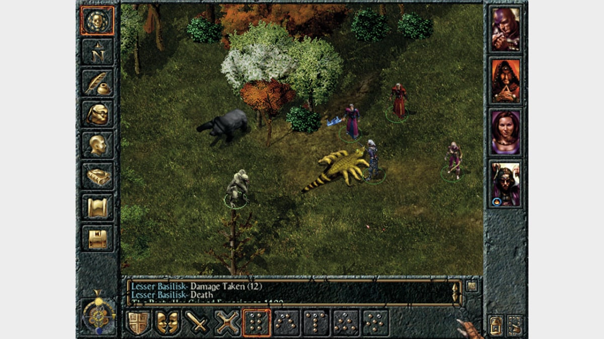 Baldur’s Gate party combat with character portraits, action controls and a combat log showing a basilisk taking damage