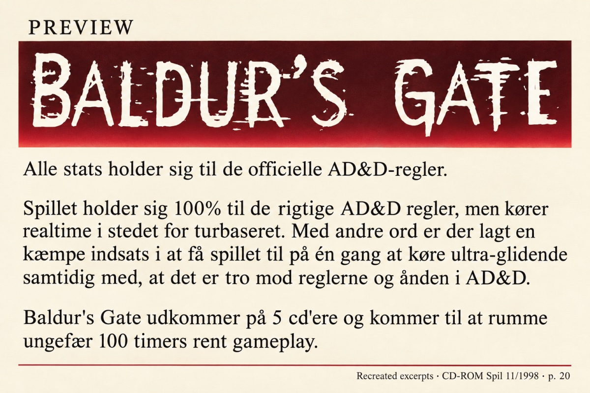 Recreated excerpts from CD-ROM Spil’s 1998 Baldur’s Gate preview, including the AD&D claim and five-CD promise
