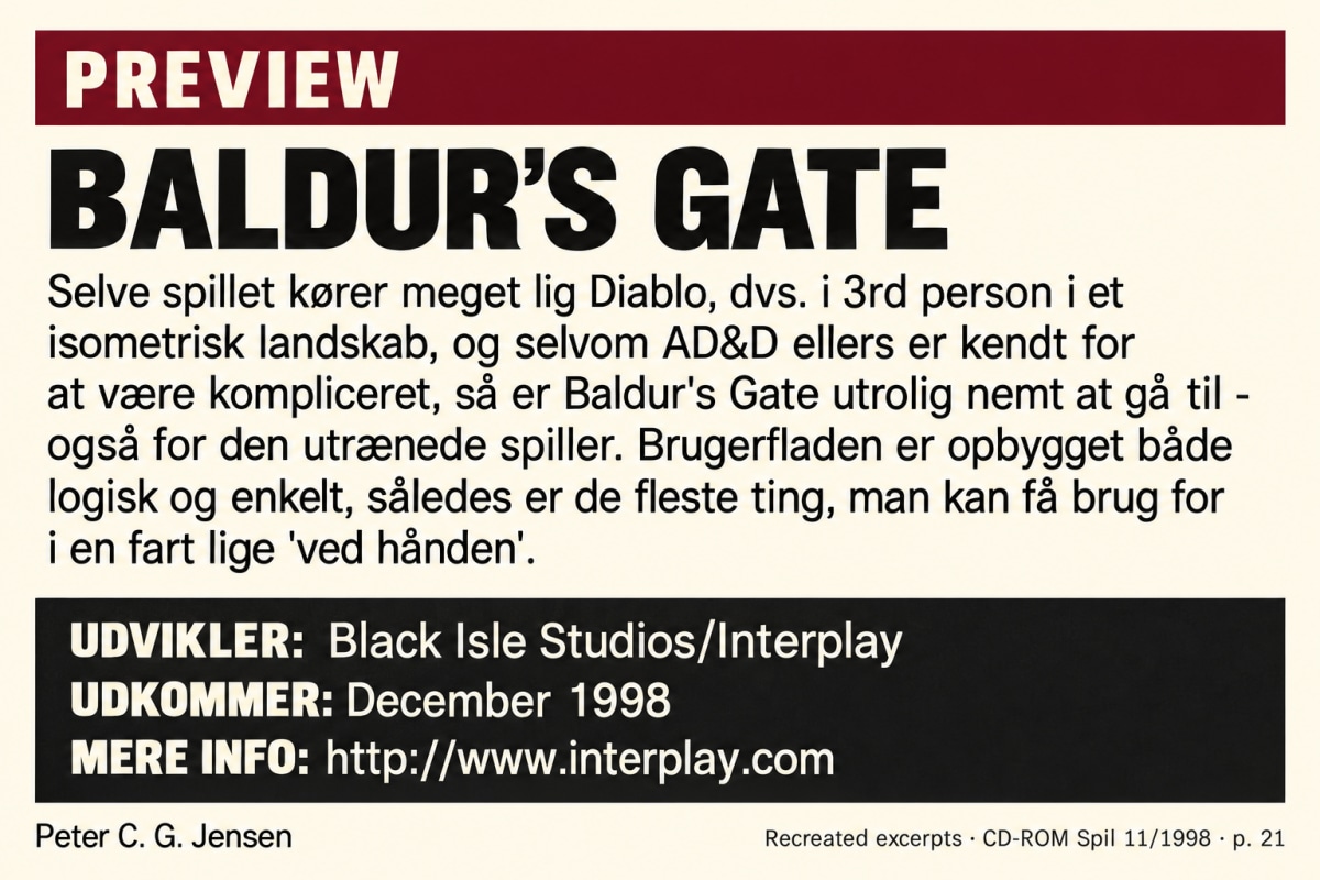 Recreated CD-ROM Spil excerpt promising an accessible interface, with the magazine’s original developer credit and December 1998 forecast