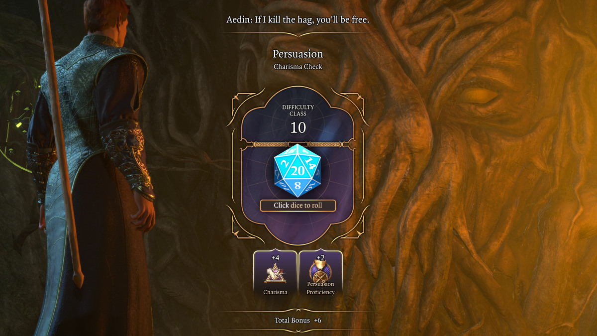 Baldur’s Gate 3 persuasion check showing difficulty class 10, a twenty-sided die and a total bonus of plus six
