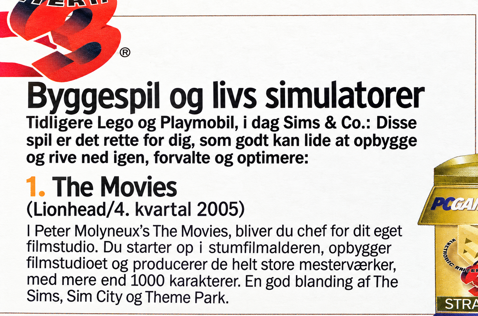 Magazine heading for building and life simulators, followed by The Movies in first place.