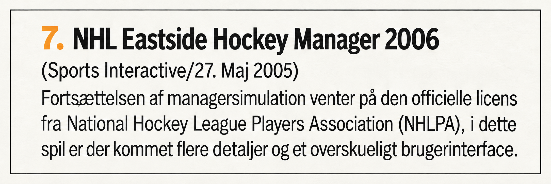 Magazine entry printed as NHL Eastside Hockey Manager 2006, with the date 27 May 2005.